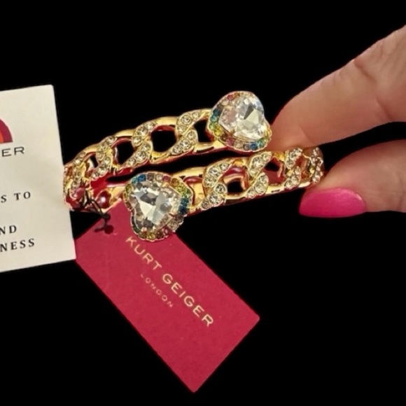 Authentic Kurt Geiger London Rainbow Crystal Heart Chain Bypass Bangle NWT - Picture 3 of 14